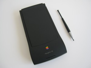 MessagePad 120 with cover closed and click-pop stylus