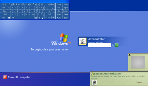 Windows XP Tablet Edition Login screen with on-screen keyboard and fingerprint reading message