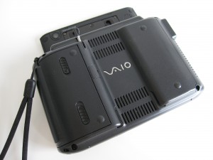 Vaio UX back with lid open. Notice stylus holder and rear camera